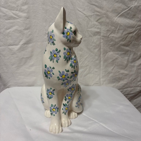 Rare Vintage Norleans porcelain cat figurine with blue and yellow floral design - Picture 6 of 9